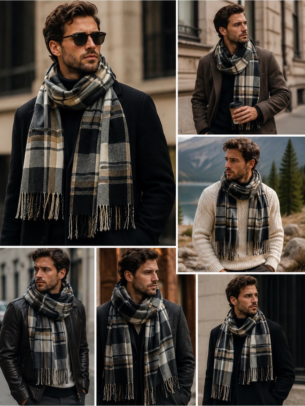 BLACK gray ivory brown plaid check warm soft fall winter unisex blanket scarf 💥
